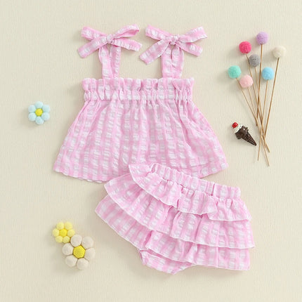 Toddler Girls Outfit Set Girl Clothes Suit Plaid Tie-Up Straps Sleeveless Tank Tops Elastic Waist Shorts Baby Clothing Sets