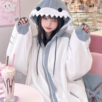 Streetwear Casual White Blue Shark Hoodie Women Heavy Fixed Tail Bow Oversized Detail Fashion Zip Up Pullover Jacket Coat Y2K