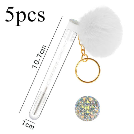 5pcs Gold Keychain Tube Eyelash Brush Eyebrow Comb Microbrush Lash Extension Micro Brushes Makeup Tool Fluffy Fur Ball Decorate