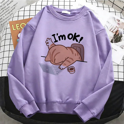 Funny Womens Solid Hoodies Computer Cat Basic Warm Fleece Sweatshirt Soft Breathable O-Neck Pullover Casual Female Clothes