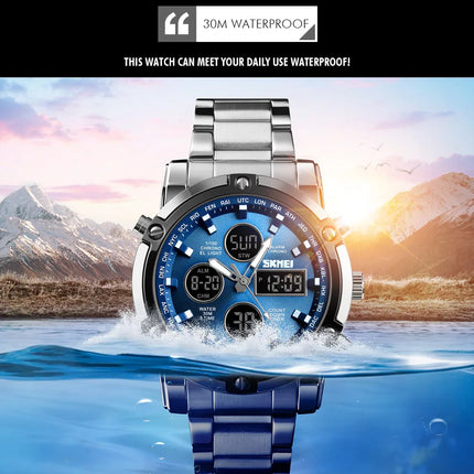 SKMEI Men Dual Display Watch Countdown Steel Strap Electronic Wristwatch Three Time Clock Digital Quartz Watch Relogio Masculino