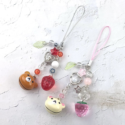 Handmadede Small Bell Bear Pendant Phone Charms Y2K Fairy Core Strawberry Rilakkuma Beaded Keychain Bag Accessories for Girls