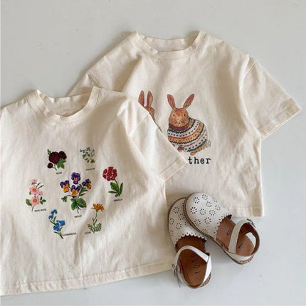 2025 Summer Kids Clothes Children Short Sleeve Korean Style Rabbit Flower Print T-Shirt Baby Girls Half Sleeve Round Neck Tops