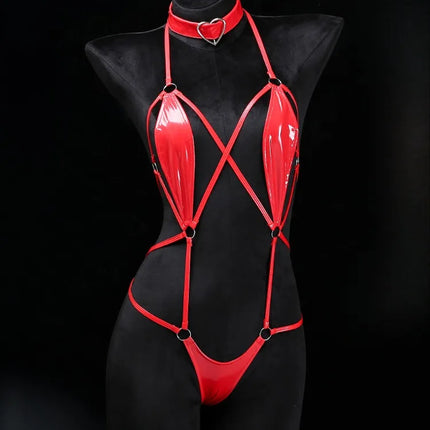 Women Patent Leather Harness Lingerie with Heart Choker Open Back Crotch less Erotic Bodysuit Intimate Club wear for Night Party