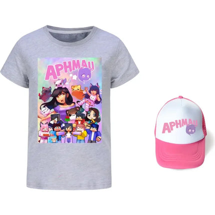Anime Aphmau Tshit Kids Summer Clothes Baby Girls Cartoon T-Shirt + Sunhat 2pcs Set Boys Short Sleeve Casual Tops Children Tees