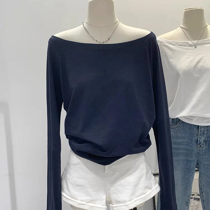 One Shoulder Cotton Slant Shoulder Long Sleeve Women's Interior-Style Wide Truffle Shoulder Base Autumn Winter Shirt