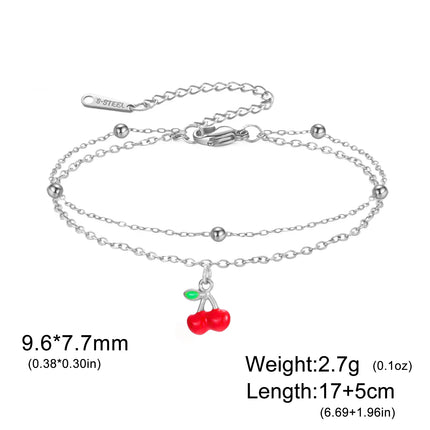 Teamer Enamel Cherry Charm Bracelet For Woman Gold Color Stainless Steel Double Bead Chain Fashion Birthday Friend Jewelry Gift