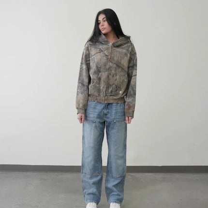 Y2K Retro Zip Up Hoodie Men Camouflage Pattern Zipper Sweatshirt High Street Hip Hop Streetwear Oversized Unisex Camo Hoodie