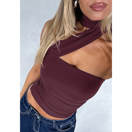 Hugcitar Women Elegant Halter Scarf Strapless Ruched Solid Sexy Slim Crop Tank Top 2025 Summer Casual Clothes Streetwear Party