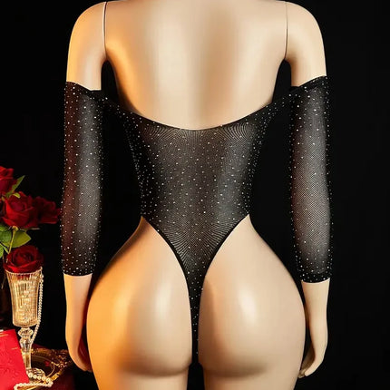 Mesh Sexy Lingerie Women Crystal Diamonds Dress Off Shoulder O Neck Y2k Clothes Long Sleeve Dresses Evening Club Party Sundress