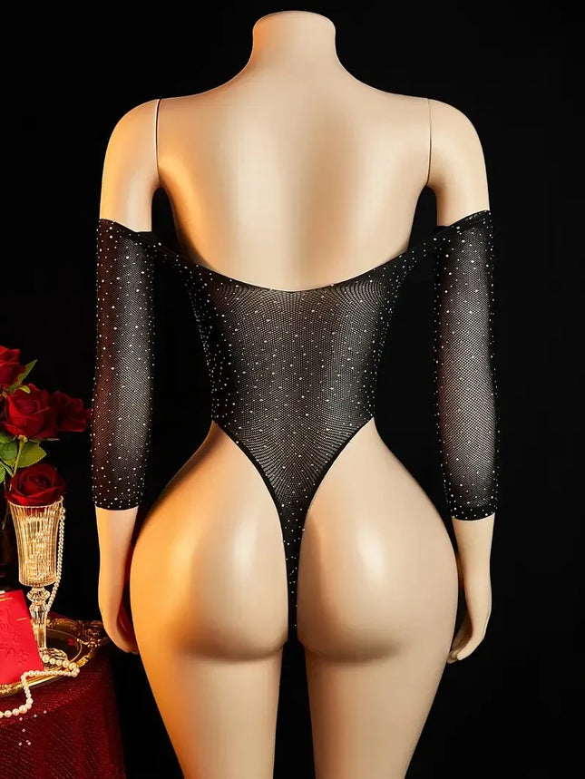 Mesh Sexy Lingerie Women Crystal Diamonds Dress Off Shoulder O Neck Y2k Clothes Long Sleeve Dresses Evening Club Party Sundress