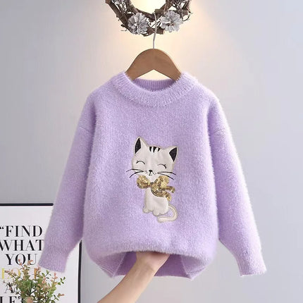 Princess Girl's Sweater Thickened Autumn Winter New Fashionable Cartoon Cat Children's Knitted Sweaters Little Girl Tops IY07231