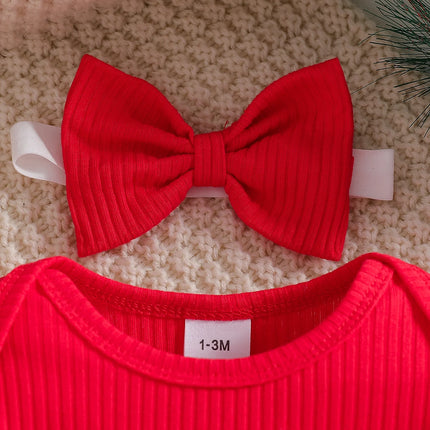 Baby girl cute Christmas costume round neck ruffled long sleeved jumpsuit and suspender jumpsuit, red bow socks and bow headband