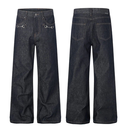 High Street Primary Colors Denim Metal Buckle Jeans Men Women Streetwear Loose Casual Retro Jeans Pants Trousers