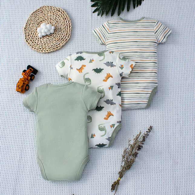 3PCS Summer Baby Bodysuit Three-Piece Set with Cartoon Dinosaur Pattern and Stripe Pattern Button Design for 0-9 Months Old Boys