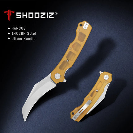 Shooziz-HAN308,Pikal Pocket EDC Knife for Men , Hawkbill Folding Knife & Ultem/G10 Handle，3.15"14C28N Steel Flipper Blade