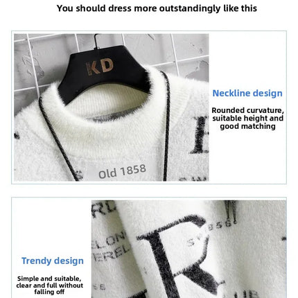 Men's Autumn Winter Fleece Lined Knitted Half High Collar Sweater Letter Pattern Thick Warm Casual Wear for All Seasons