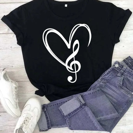 Fashion Women T Shirt Musical Note Printed T Shirt Casual Black Tops 90s Ladies Girls Tee Shirt Female Harajuku Graphic T-shirt