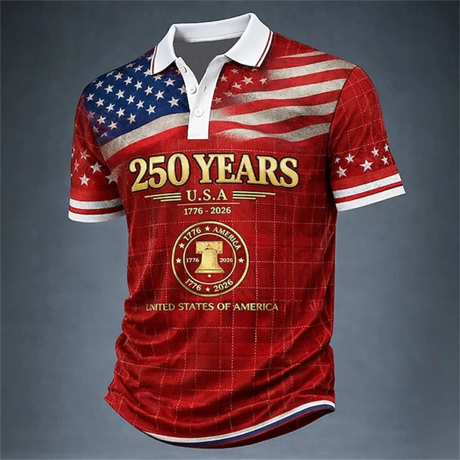 2026 New USA 250th Anniversary Celebration Men's Short-Sleeved Polo Shirt 3D Printed American Flag Pattern Vintage Men Polo