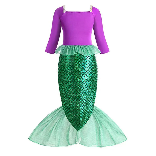 Halloween Christmas Holiday Birthday Party Mermaid Princess Same Style Girl Ariel Cosplay Long Sleeve Mermaid Dress Accessory