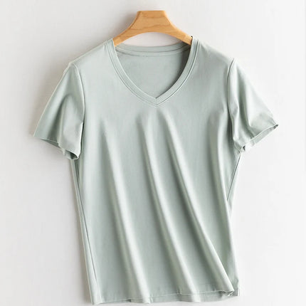 SuyaDream Women Solid T shirts, Silk Cotton Blend, O Neck, Short Sleeved Solid Tee,2025 Summer Candy Colors Basic Cozy Top Green