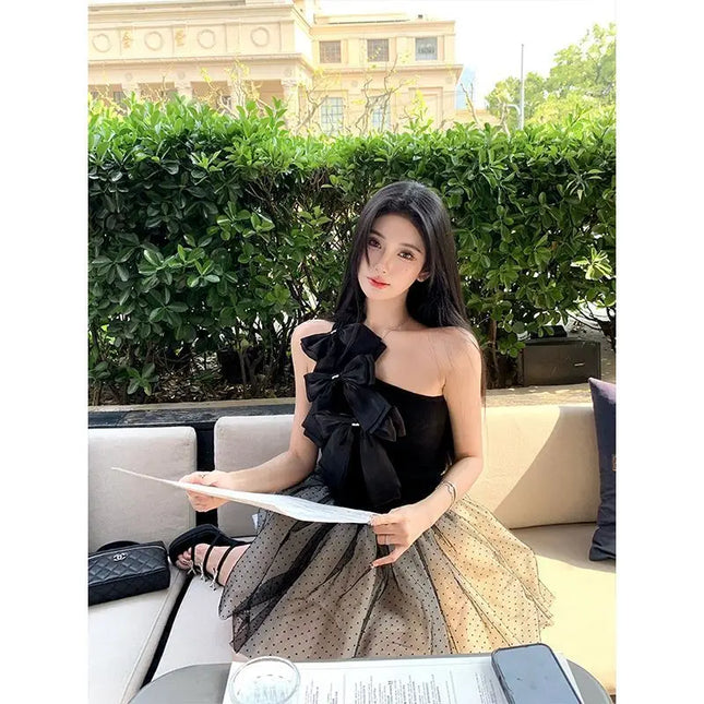 Black Bow Off Shoulder Halter Vest for Women Summer Sweet Sexy Simple Tops Mujer 2026 New Slim Fit Sleeveless Tank Top