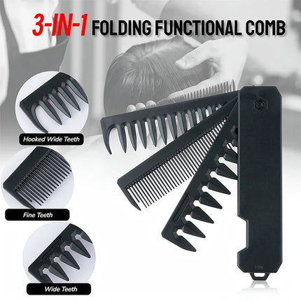 3-in-1 Folding Beard Comb for Men, Beard Comb Brush, Mustache Comb, Hair Styling Tool, Portable Travel Grooming Kit,Gift for Him
