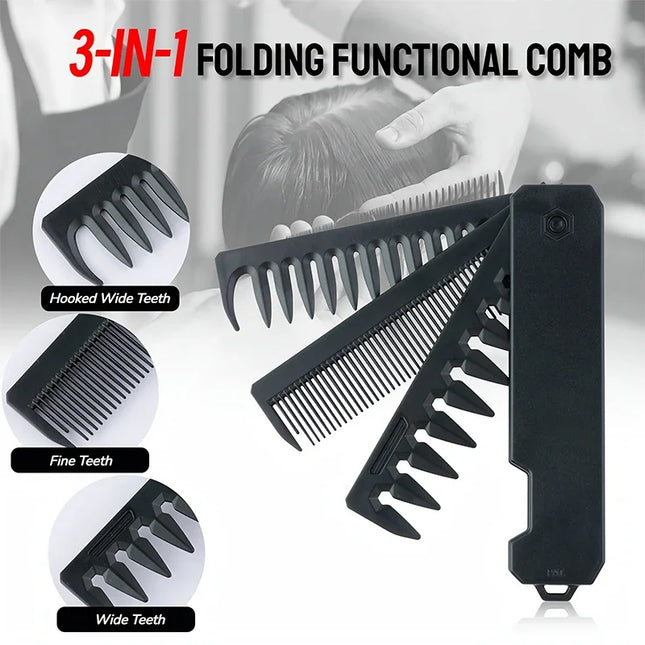 3-in-1 Folding Beard Comb for Men, Beard Comb Brush, Mustache Comb, Hair Styling Tool, Portable Travel Grooming Kit,Gift for Him