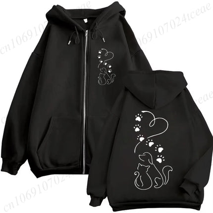 Dog and Cat Love Heart Graphic Fashion Zip Up Hoodies Women Autumn Long Sleeve Harajuku Y2K Clothes Female Sweatshirt Jackets