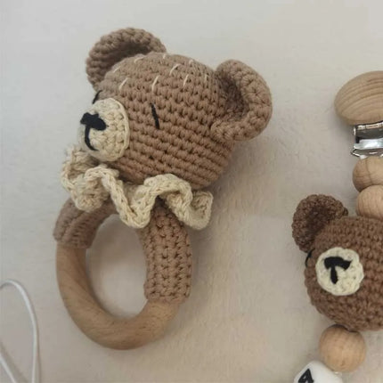 Baby Rattle Crochet Bear Teether Rattle With Bells Pacifier Chain Newborn Montessori Educational Toy Wooden Rings Baby Toys