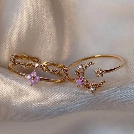 2PCS Charm Simple Light Purple Cubic Zirconia Star Moon Design Open Ring Set Elegant Women's Dating Daily Jewelry