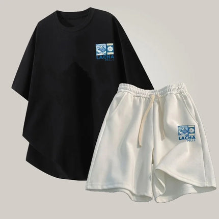 【 M-8XL 】 Loose Large Size Discount Set Daily Edition Fuji Mountain Print T-shirt Drawstring Shorts Youth Casual Set