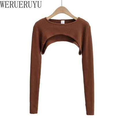 Women's Long Sleeve Crop Top T-shirts Spring Autumn Y2k Aesthetic Clothes O-neck Black White Sexy Harajuku Knitted Tshirt 2023
