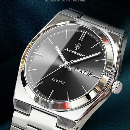 POEDAGAR Luxury Men's Quartz Wristwatch Waterproof Luminous Date Week Man Watch Stainless Steel Business Fashion Watches For Men