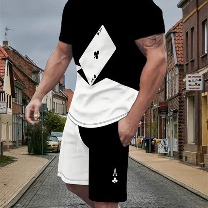 New Men's Short Sleeve Shorts Set Fashion King Printed T-Shirt Shorts 2 Sets of Casual Round Neck Jumper Breathable Sportswear