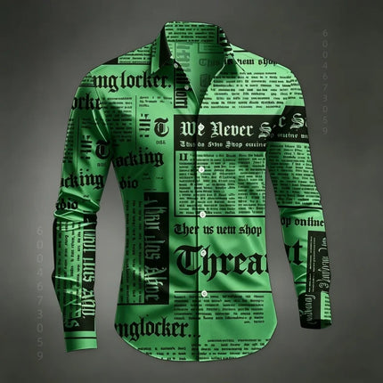 Men's Shirt Long Sleeved Shirt Newspaper Letter Print Retro Casual Single Breasted Shirt Street Style Trendy Men's Top XS-6XL
