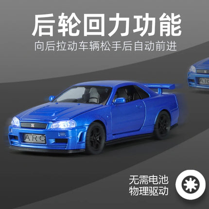 1:32 Scale GTR R34 R35 Diecast Model Alloy Toy Sport Cars Sound Light Pull Back high simulation Kid Birthday Gift Collect