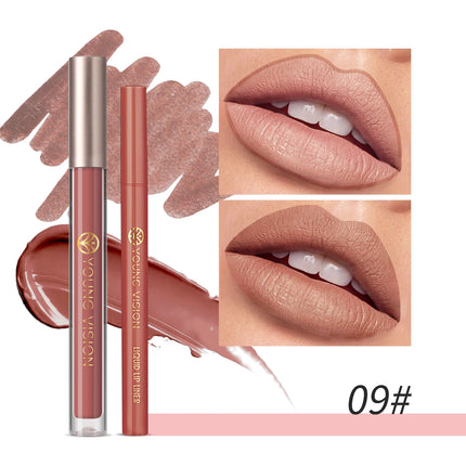 YOUNG VISION Lip Glaze + Lip Liner set liquid Lip Liner Waterproof non-stick cup Moisturizing easy color 12 color lip gloss