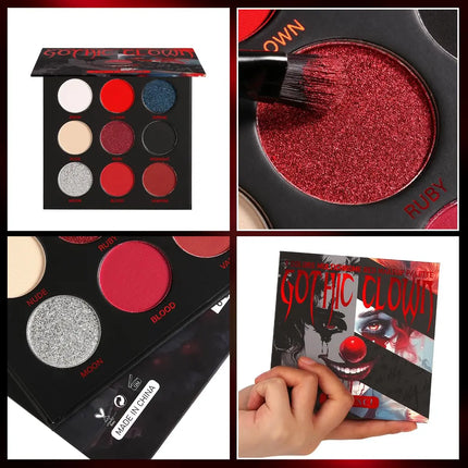 Dark Black Red Eyeshadow Palette Goth Clown Halloween Makeup, White Silver Glitter Eyeshadow Makeup Pallete