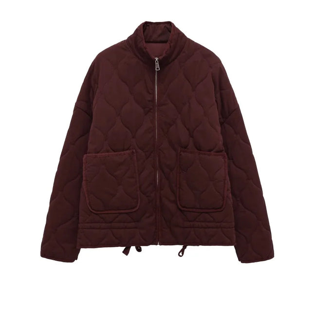 Women's Polyester Padded Jacket 2026New Arrival Vintage Lenzing Rayon High Collar Large Pocket Decorative Quilted Coat for Women
