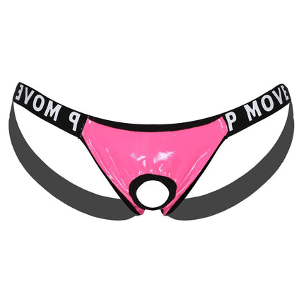 Mens Sexy Patent Leather Lingerie Hollow Out Bulge Pouch Latex Panties Jockstrap T-Back Letter Print Waistband Thongs Underwear