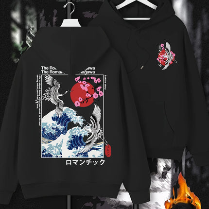 Japan Ukiyoe Sakura&Big Wave Kanagawa Print Men Women Hooded Sweatshirt Autumn Winter Daily Fitness Casual Loose Warm Sportswear