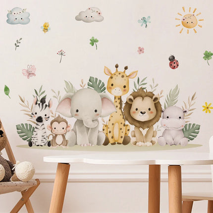 Cartoon Cute Africa Animals Leaves Wall Stickers Watercolor Elephant Giraffe Monkey Kids Room Kindergarten Home Decoration