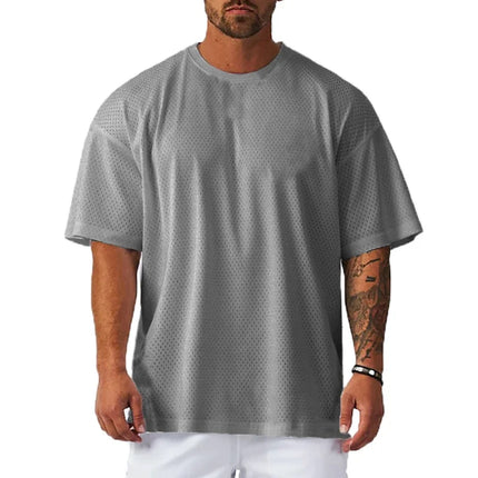Oversize Loose Short Sleeve Sport T-Shirts Dropped Shoulders Gym Fitness Bodybuilding Shirt Mesh Breathable Quick Dry Men's Tees