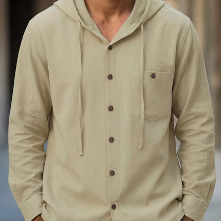 Summer Hot Sale Beach Style Shirts Men's Long-Sleeved With Hood Cotton Linen Solid Color Casual Versatile Collar Shirt Male Top