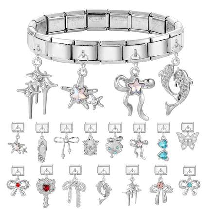 Wholesale Colorful Shiny Zircon Heart Bows Pendant Italian Charm Links Fit 9mm Stainless Steel Bracelet Women Jewelry DIY Making