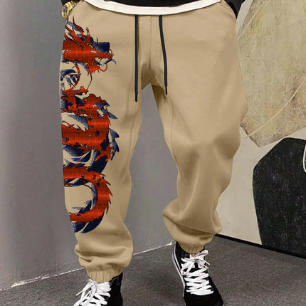 Men's Streetwear Vintage Red Oriental Dragon Print Sweatpants Elastic Waist Soft Fabric Chinese Hip Hop Daily Joggers