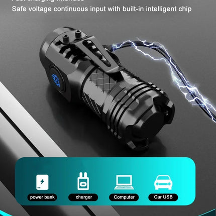High Strong Power LED Flashlight Built-in Battery Type-C Rechargeable with Pen Clip Torch Outdoor Camping Emergency Lantern