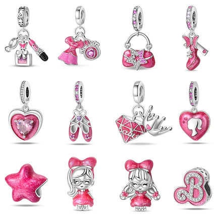 100% 925 Sterling Silver Fashion Pink Princess Skirt Bag Lipstick Charms Beads Fit Qikaola Original Bracelets DIY Jewelry Gifts