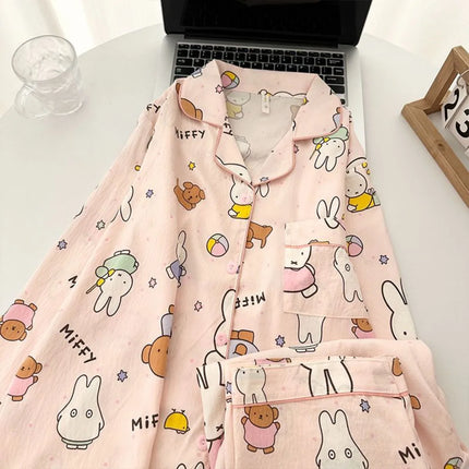 Kawaii Miffy Rabbit Pajamas for Girls Spring and Autumn Cloud Cotton Long-sleeved Pants Set Cute Cartoon Home Wear for Students